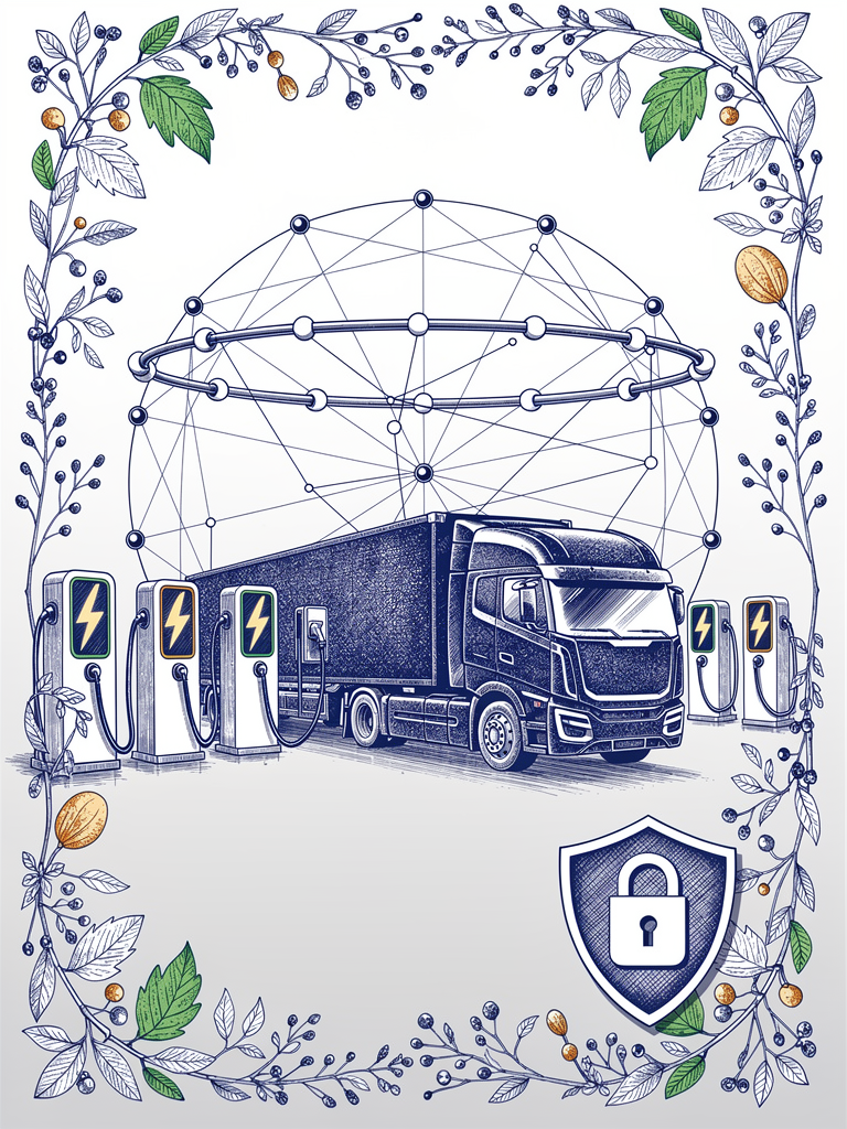 Pen-and-ink illustration of an electric truck charging terminal with network interoperability rings and a security shield motif