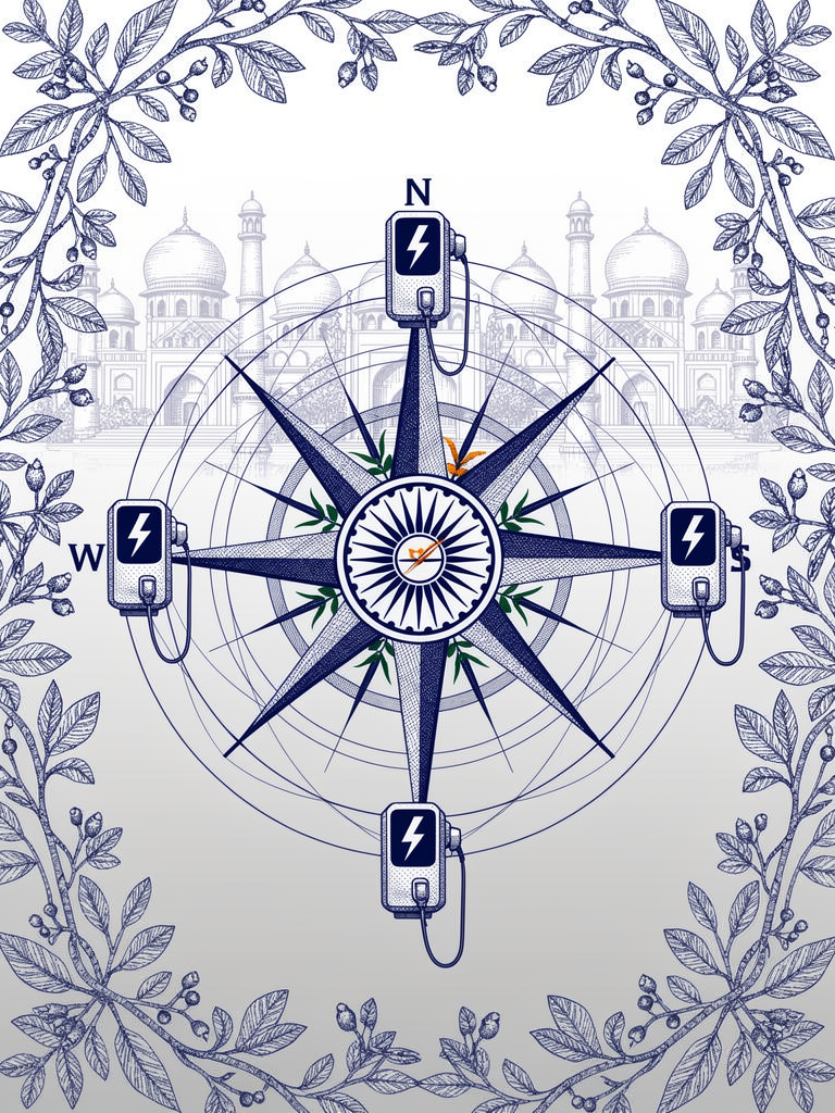 Infrastructure milestone illustration showing India's UBC charging network expansion with compass rose, geometric rings, charging stations, and traditional architectural elements