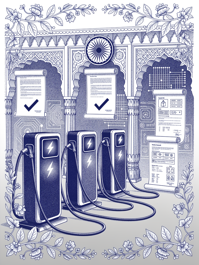Certification process illustration showing EV charging stations with technical documentation and approval symbols in traditional Indian architectural setting