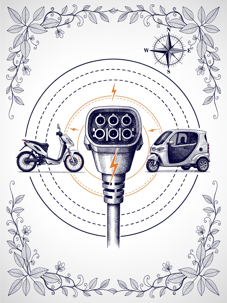 Pen-and-ink illustration of a LECCS seven-pin charging connector with geometric rings, a compass rose, and stylized light electric vehicles on a white background