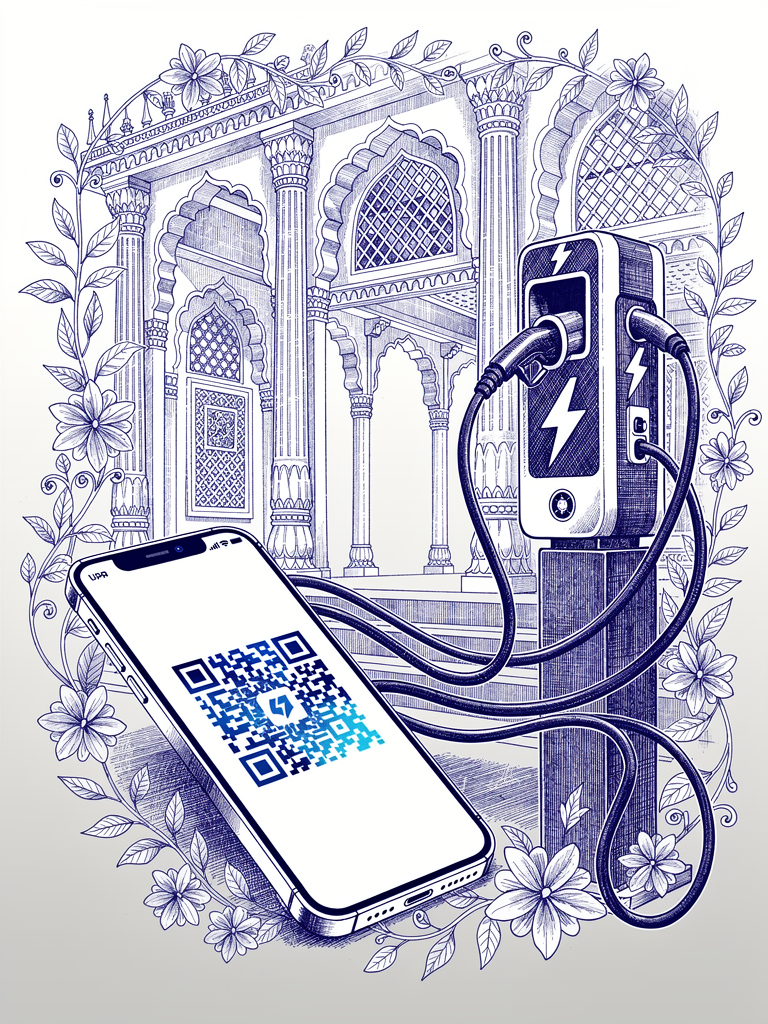 Illustration showing seamless connection between UPI payment interface and EV charging infrastructure representing India's unified charging experience