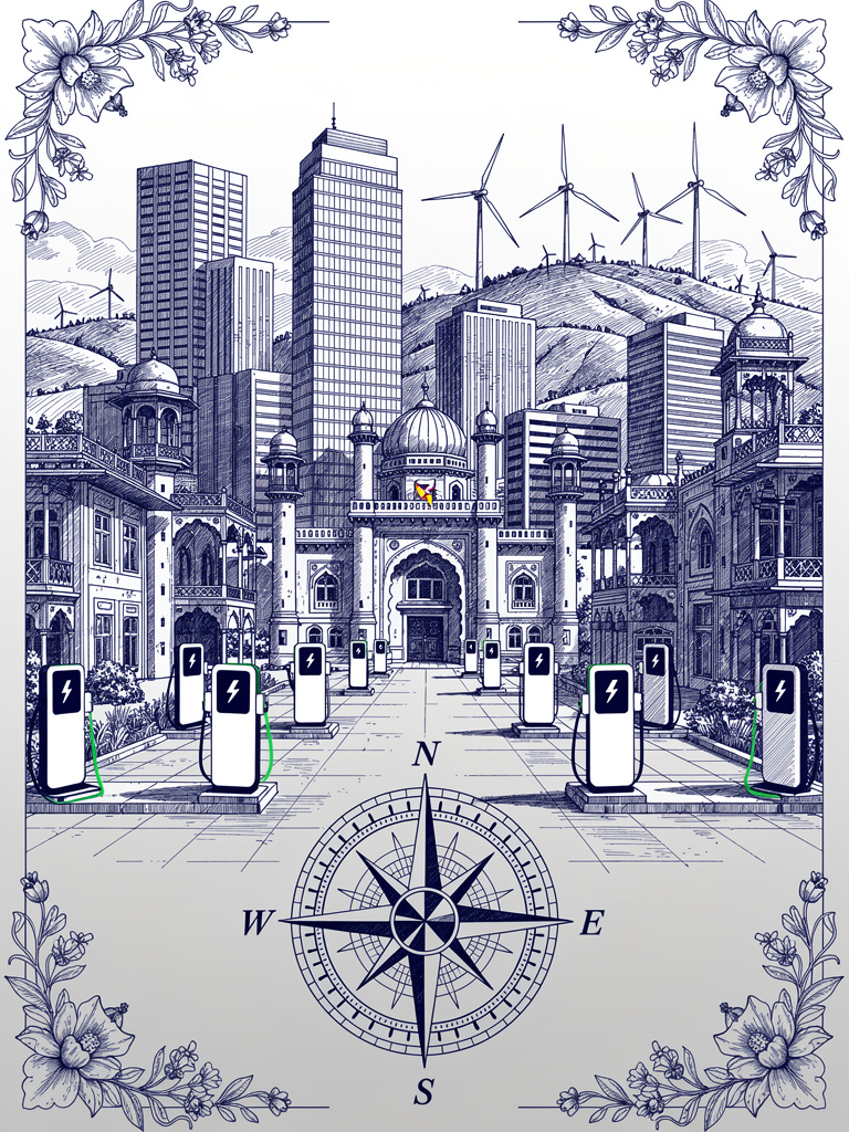 Illustration of India's expanding EV charging infrastructure with charging stations integrated into urban landscape representing the milestone achievement of government-approved infrastructure deployment