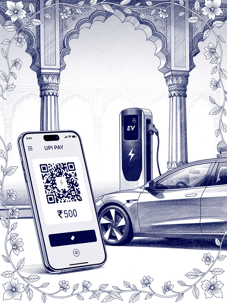 Illustration of seamless UPI payment integration with EV charging showing smartphone, charging station, and electric vehicle in harmonious connection