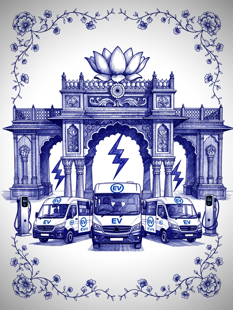 Fleet management illustration showing electric commercial vehicles connected to UBC charging infrastructure with Indian architectural elements in the background