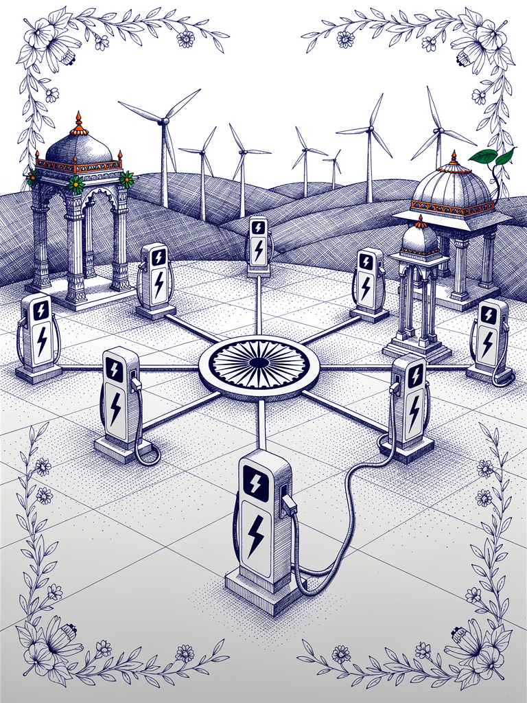 Infrastructure illustration showing India's EV charging network with charging stations connected across the landscape, featuring Indian architectural elements and botanical borders