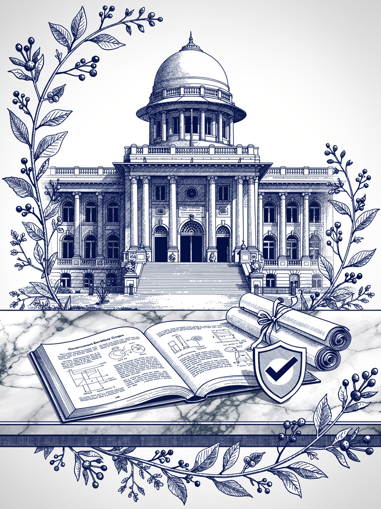 Government building with regulatory documents and compliance symbols representing UBC policy framework for charging operators