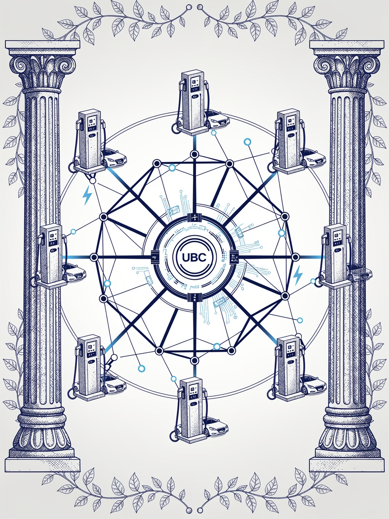 Technical diagram illustration showing EV charging infrastructure connected through UBC protocol network with Indian architectural elements