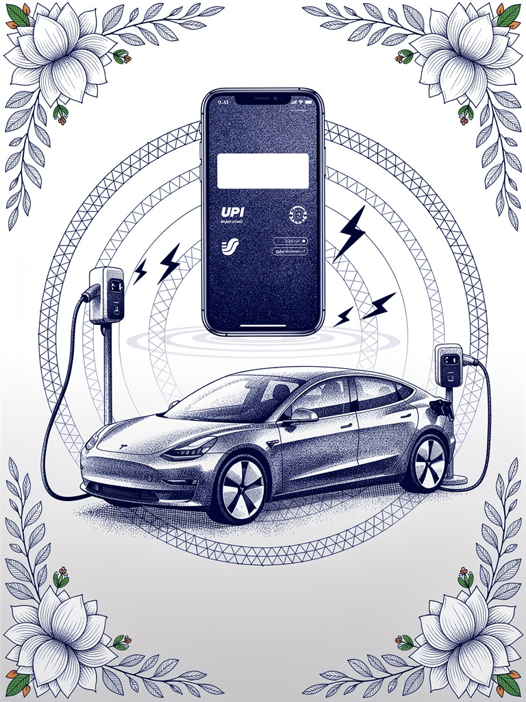 Electric vehicle connected to charging station with smartphone showing UPI payment interface, representing seamless EV charging through popular payment apps