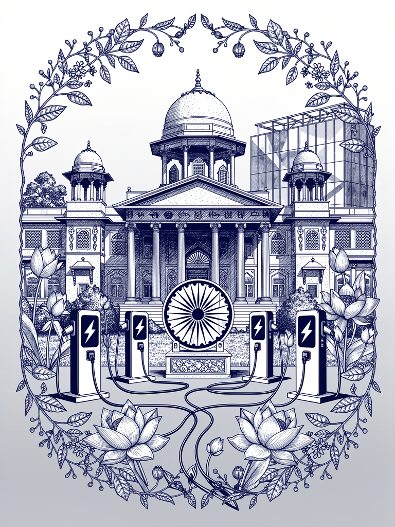 Institutional building representing BHEL's role in developing India's unified EV charging infrastructure with charging stations and Indian architectural elements