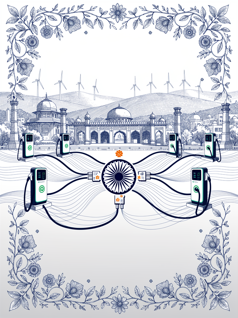 Infrastructure illustration showing India's expanding EV charging network with stations connected across cities and highways, featuring Indian architectural elements and renewable energy integration