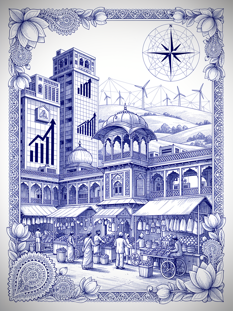 Economic growth illustration showing India's expanding UEI market with traditional architecture, rising charts, and connectivity networks representing the 81% CAGR market expansion