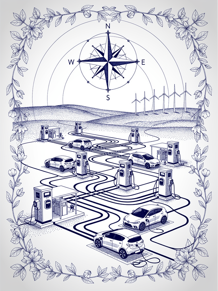 Infrastructure illustration showing India's extensive EV charging network with connected stations and geometric network patterns representing unified connectivity