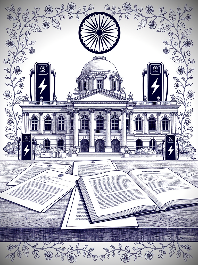 Illustration of Indian government building with policy documents representing the regulatory framework for unlicensed EV charging infrastructure deployment