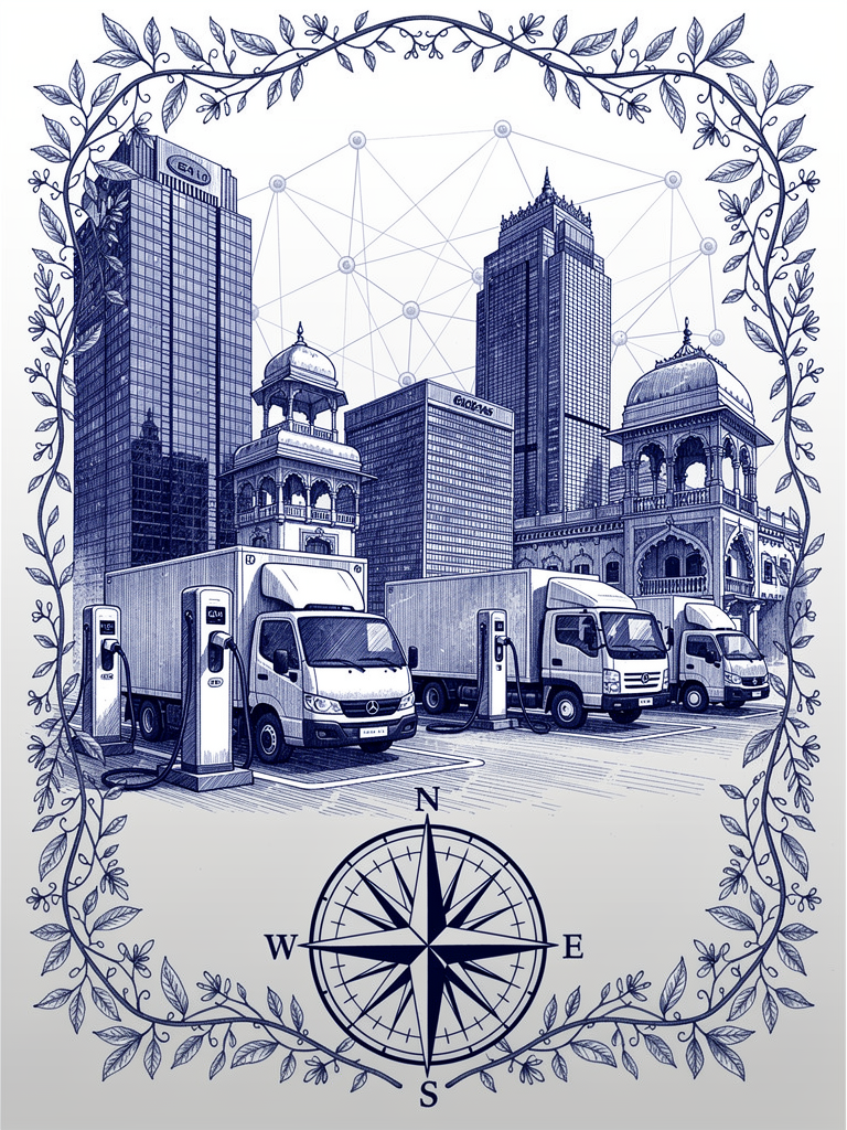 Illustration of commercial fleet vehicles at EV charging stations in an Indian cityscape with network connectivity representing the UBC b2b transformation