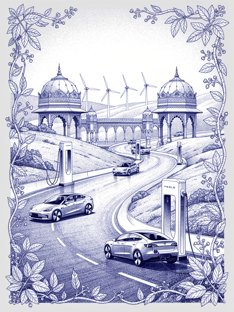 Highway infrastructure illustration showing India's EV charging network across national corridors with charging stations positioned along scenic routes