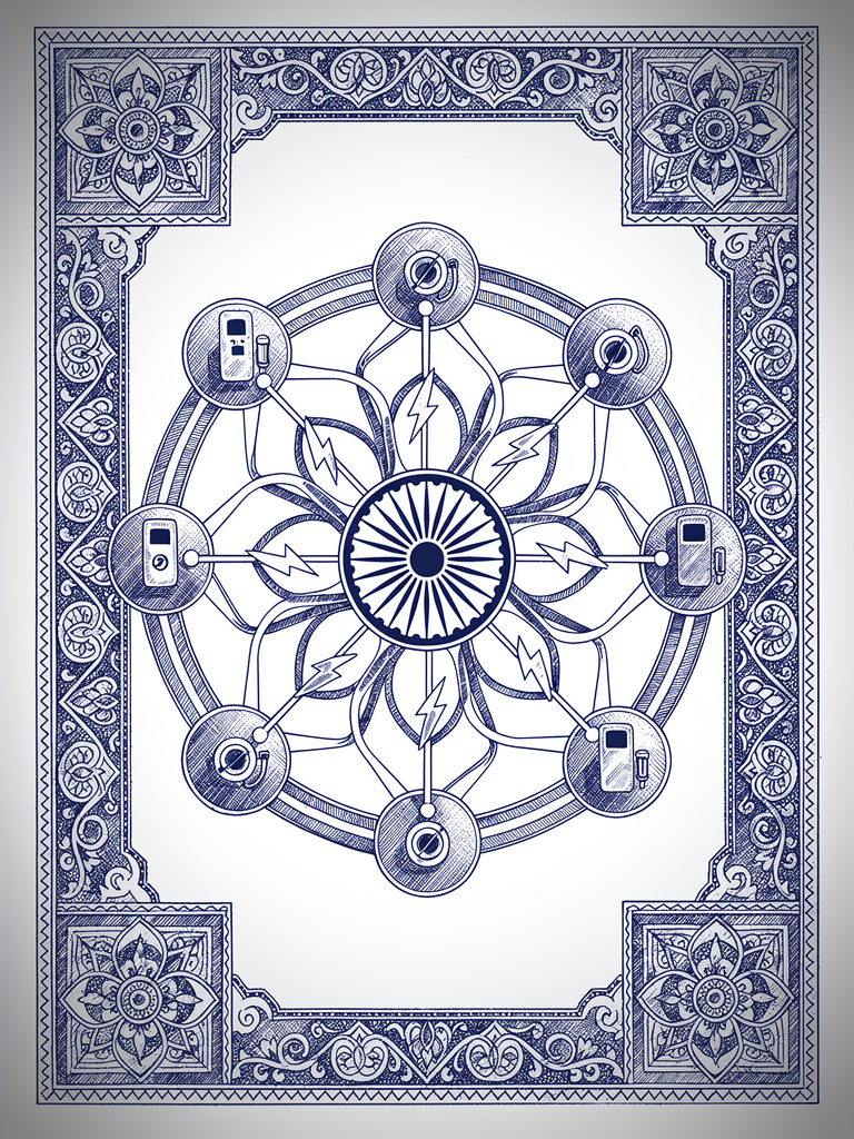 Technical network diagram showing UBC protocol architecture with interconnected charging stations and traditional Indian geometric motifs