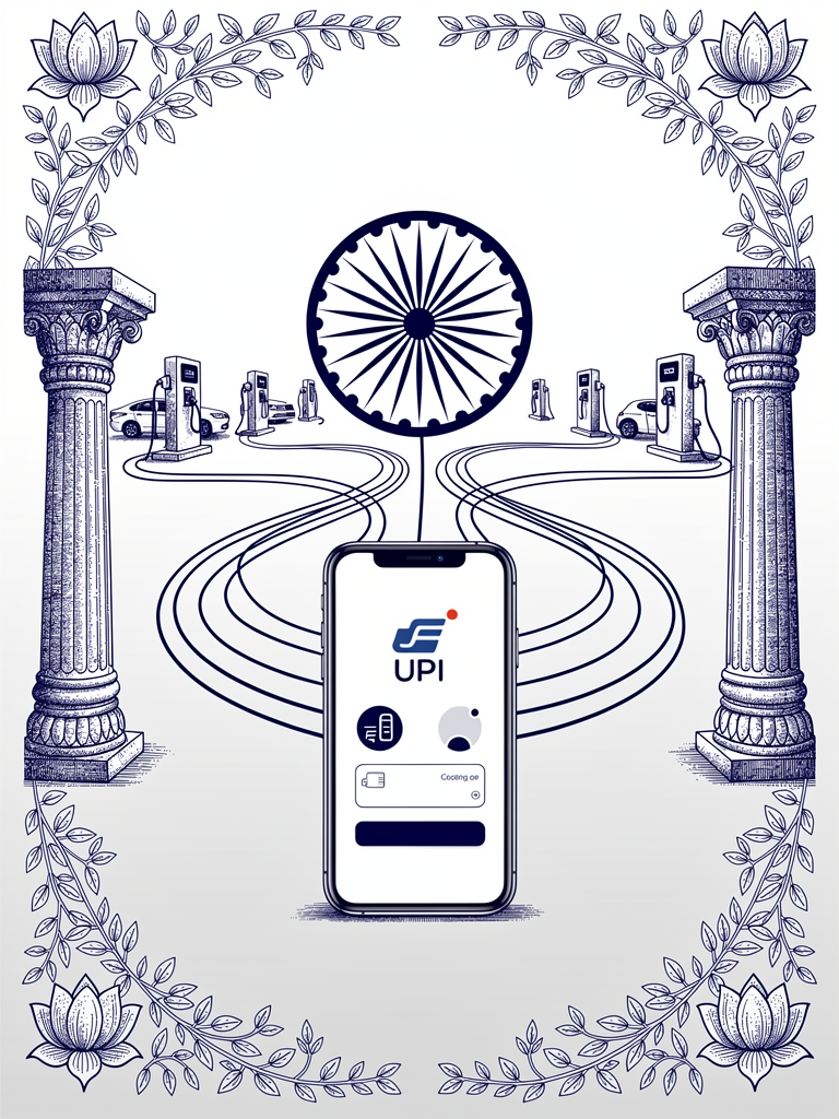 Illustration showing UPI payment integration with EV charging infrastructure across India's network