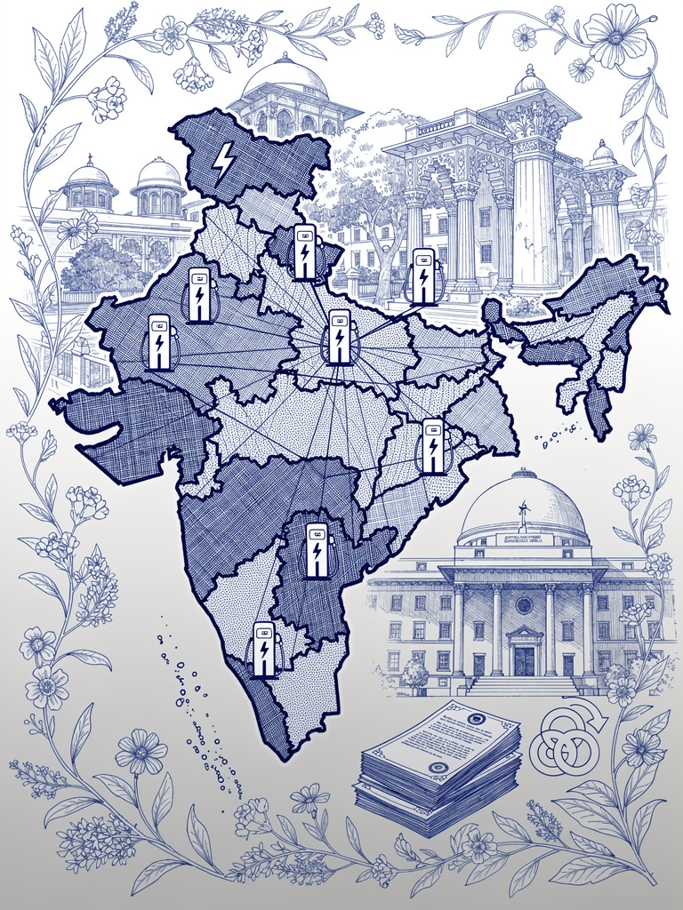 Illustration showing coordinated EV charging infrastructure deployment across India's states with network connectivity and government coordination symbols