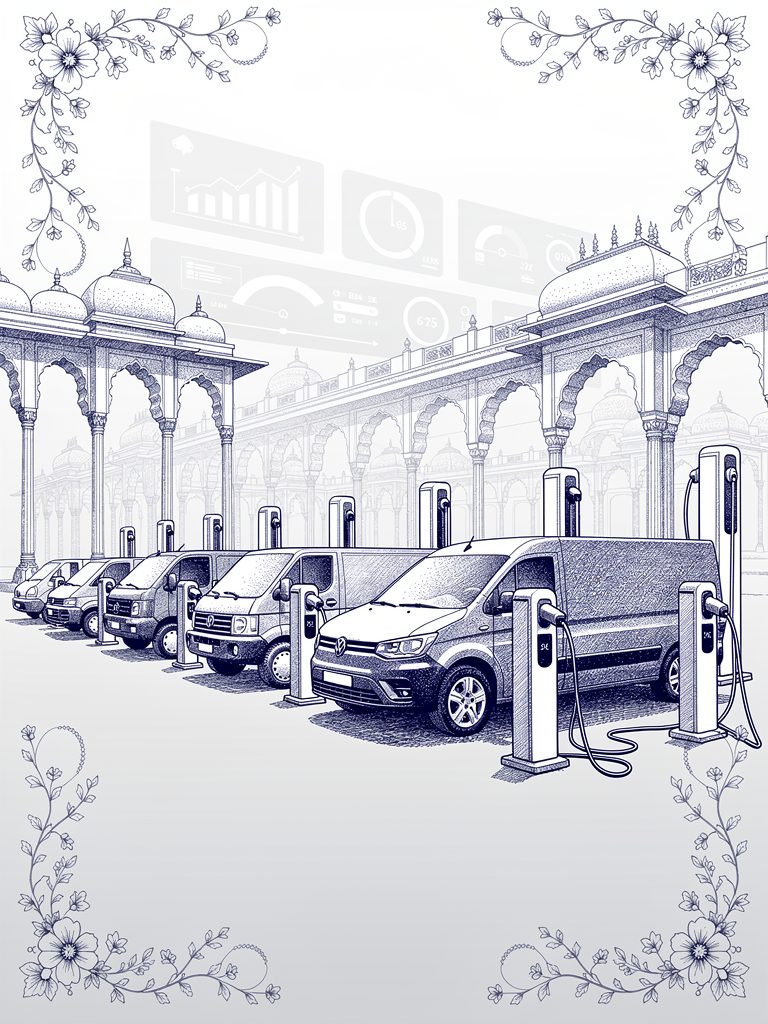 Commercial electric vehicle fleet at unified charging infrastructure showing streamlined operations and professional fleet management with classical Indian architectural elements