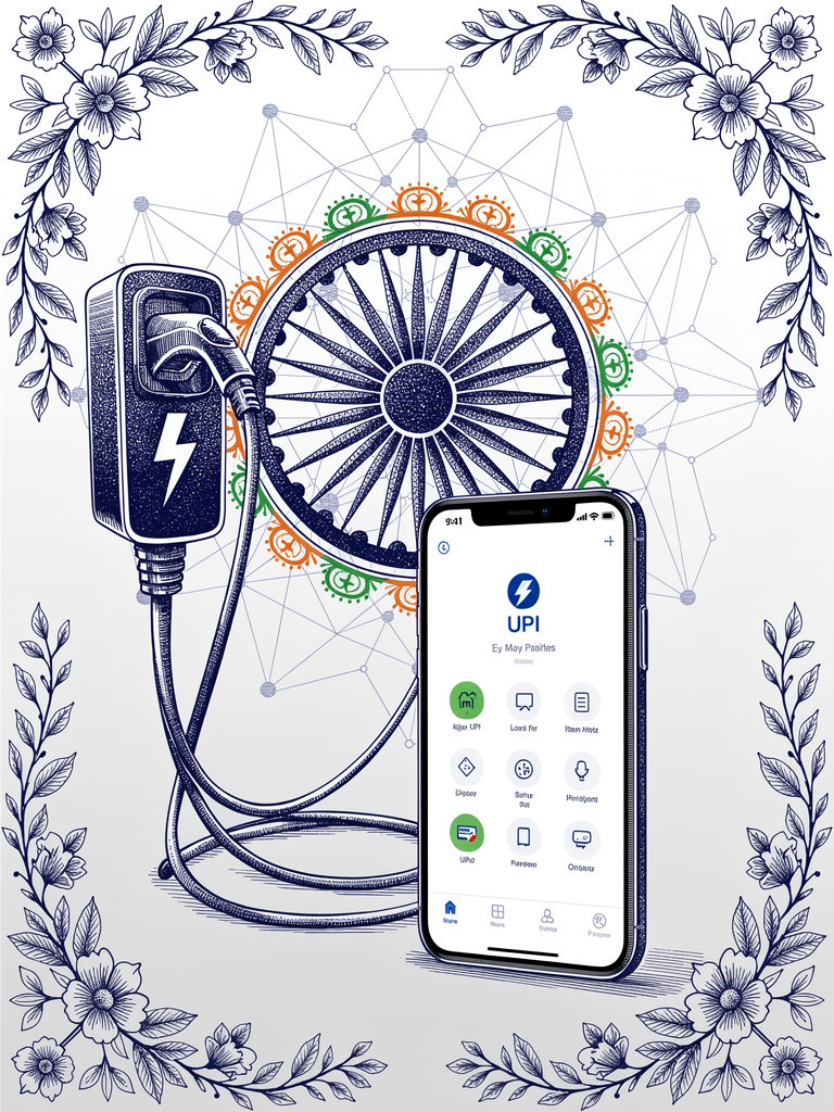 UPI payment interface connecting to EV charging network with traditional Indian motifs and connectivity patterns