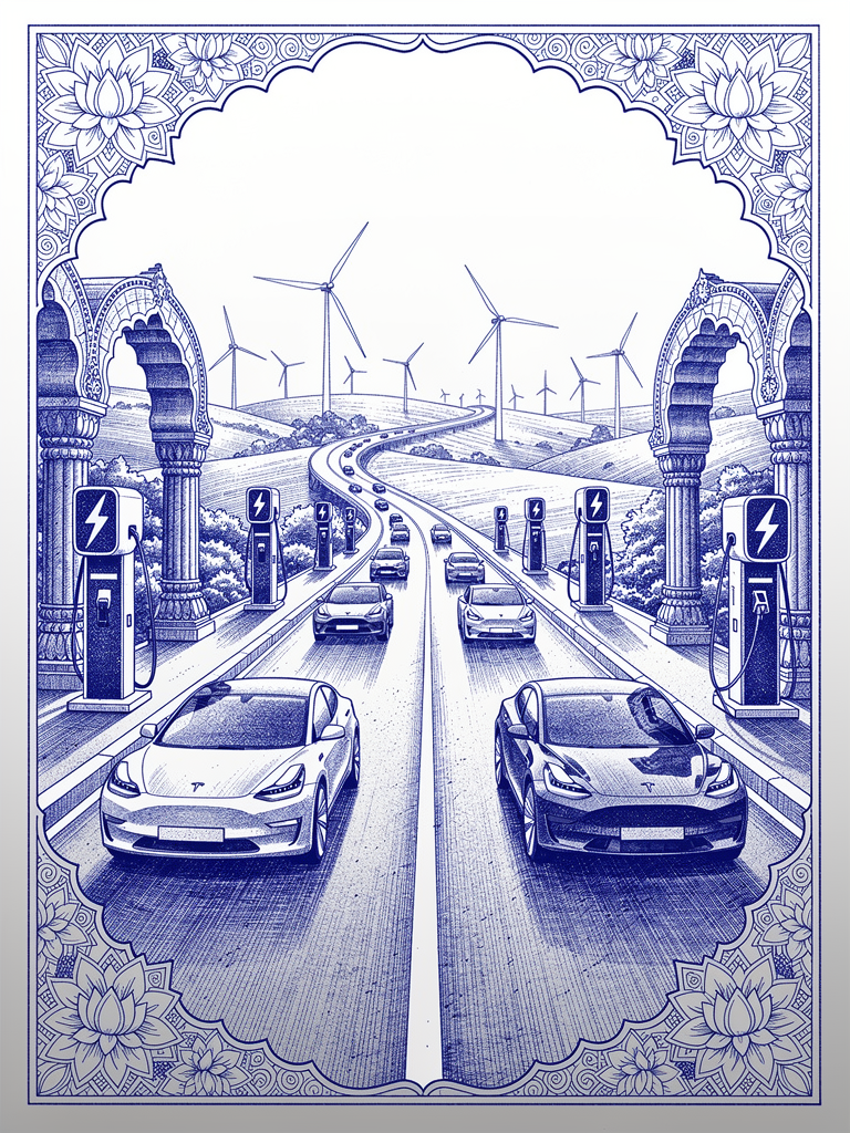 Indian highway corridor illustration with EV charging stations, electric vehicles, and traditional architectural elements representing the transformation of national highways into electrified travel corridors