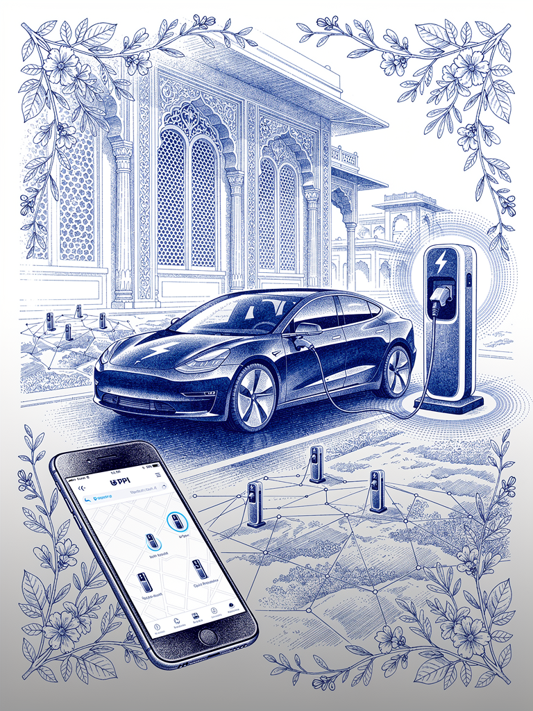 Electric vehicle charging with UPI payment interface displaying real-time charging station discovery across India's unified network