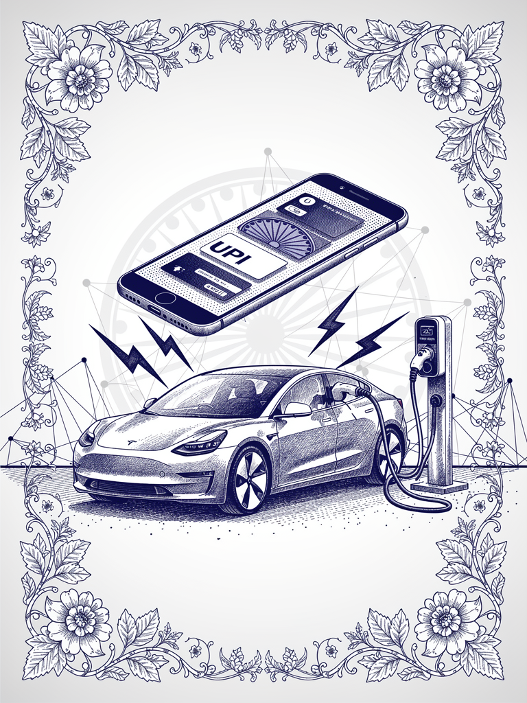 Electric vehicle charging with UPI payment interface, showing the integration of familiar mobile payment apps with India's unified charging network infrastructure