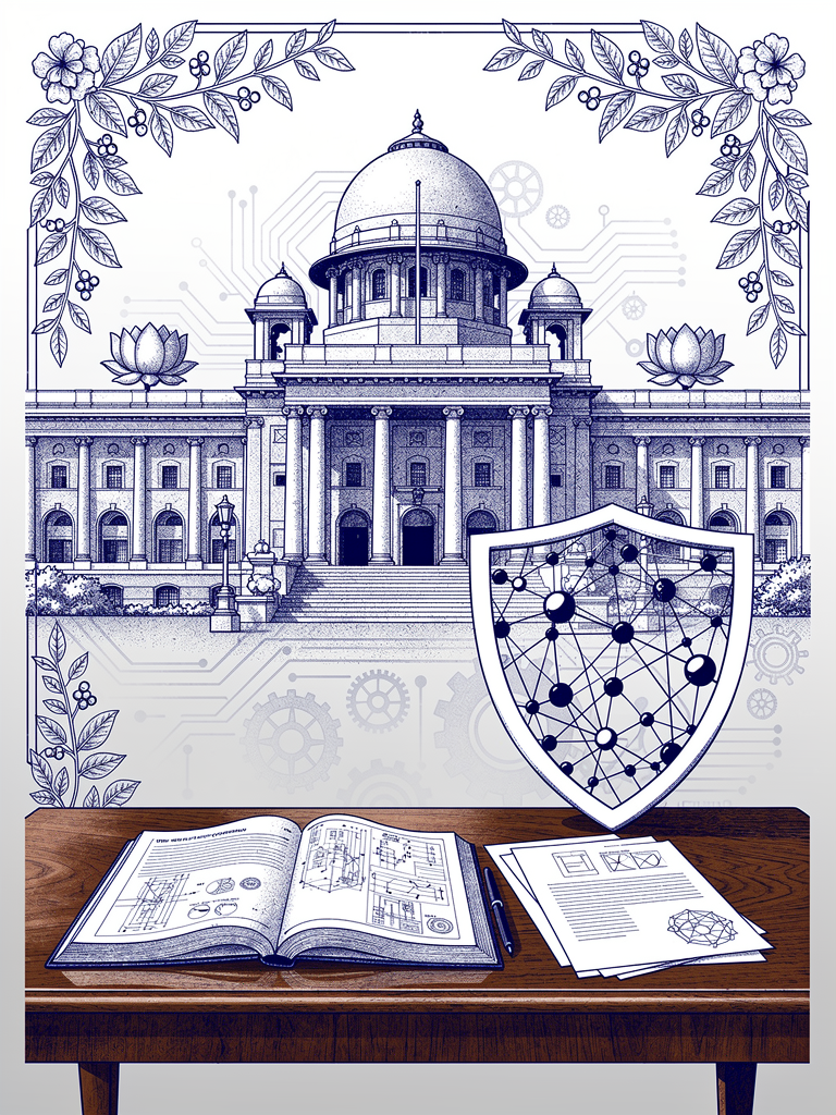 Government policy illustration showing official building with technical documents and standardization symbols representing the PM E-DRIVE scheme's industrial approach to EV charging infrastructure development