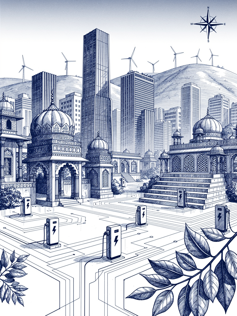 Illustration of India's expanding EV charging infrastructure network across urban landscape with traditional and modern architecture