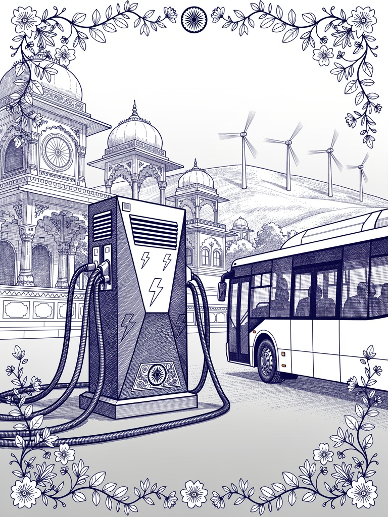 Industrial illustration of India's indigenous 360 kW fast charging technology connecting commercial electric vehicles with traditional Indian architecture in background