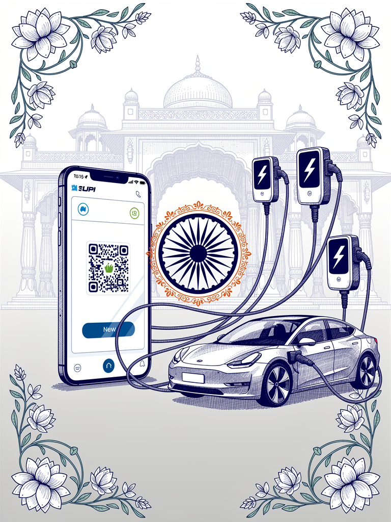 Illustration of UPI payment apps integrating with EV charging stations through UBC protocol, showing seamless digital connectivity with Indian cultural elements