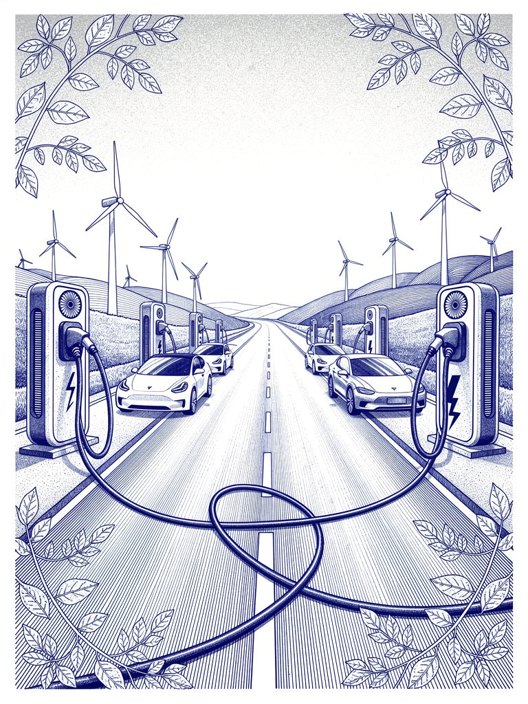 Scenic highway infrastructure showing ultra-fast EV charging stations with electric vehicles and renewable energy elements in traditional Indian artistic style