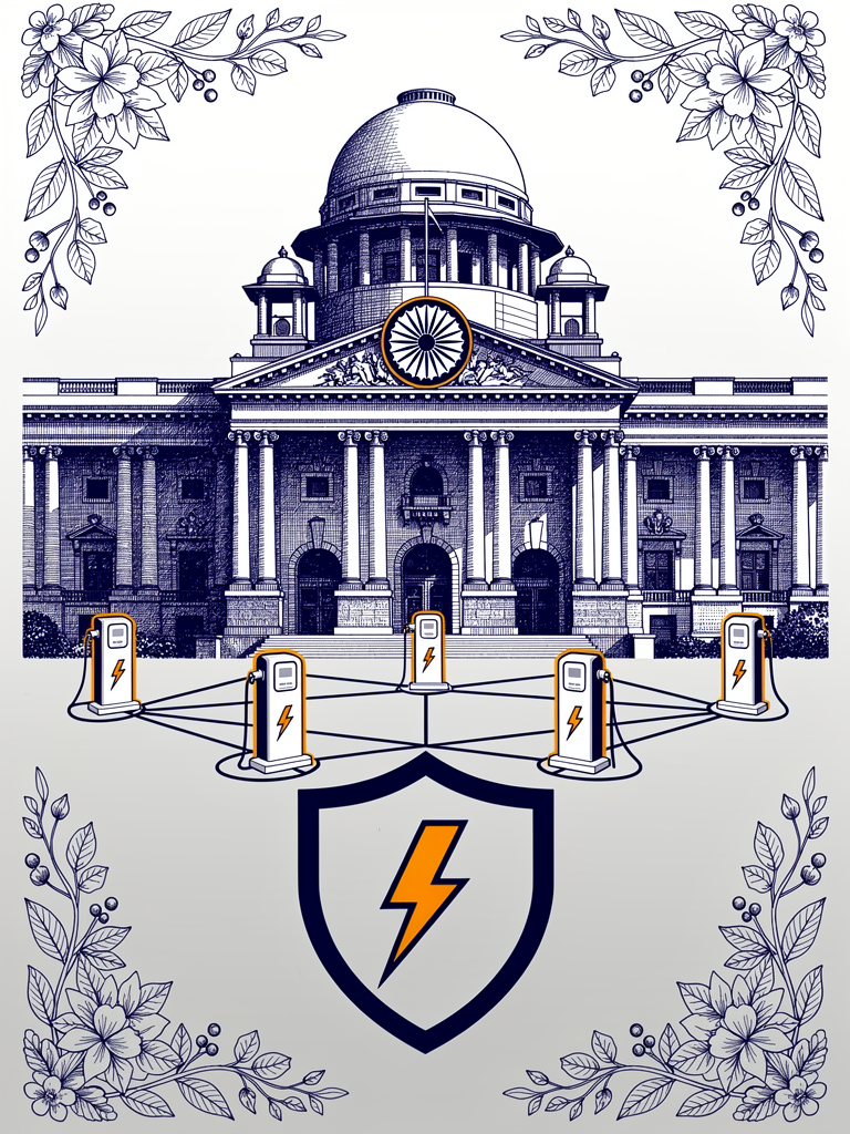 Government building with Indian architectural elements, EV charging stations, and network connections representing India's PM E-DRIVE infrastructure investment