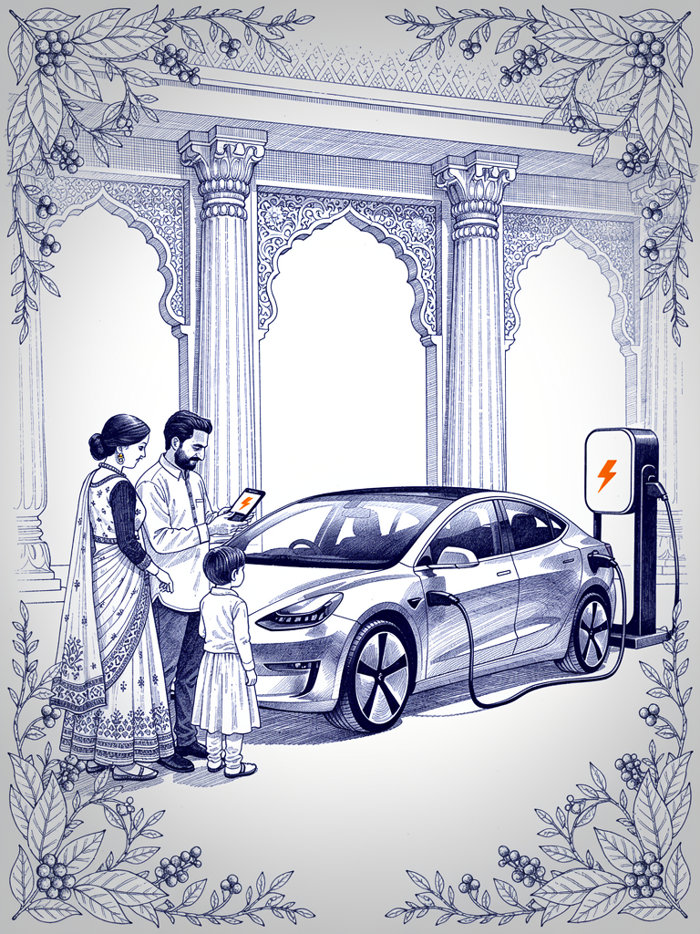 Illustration showing Indian family using smartphone to pay for EV charging, representing seamless consumer experience with UBC protocol