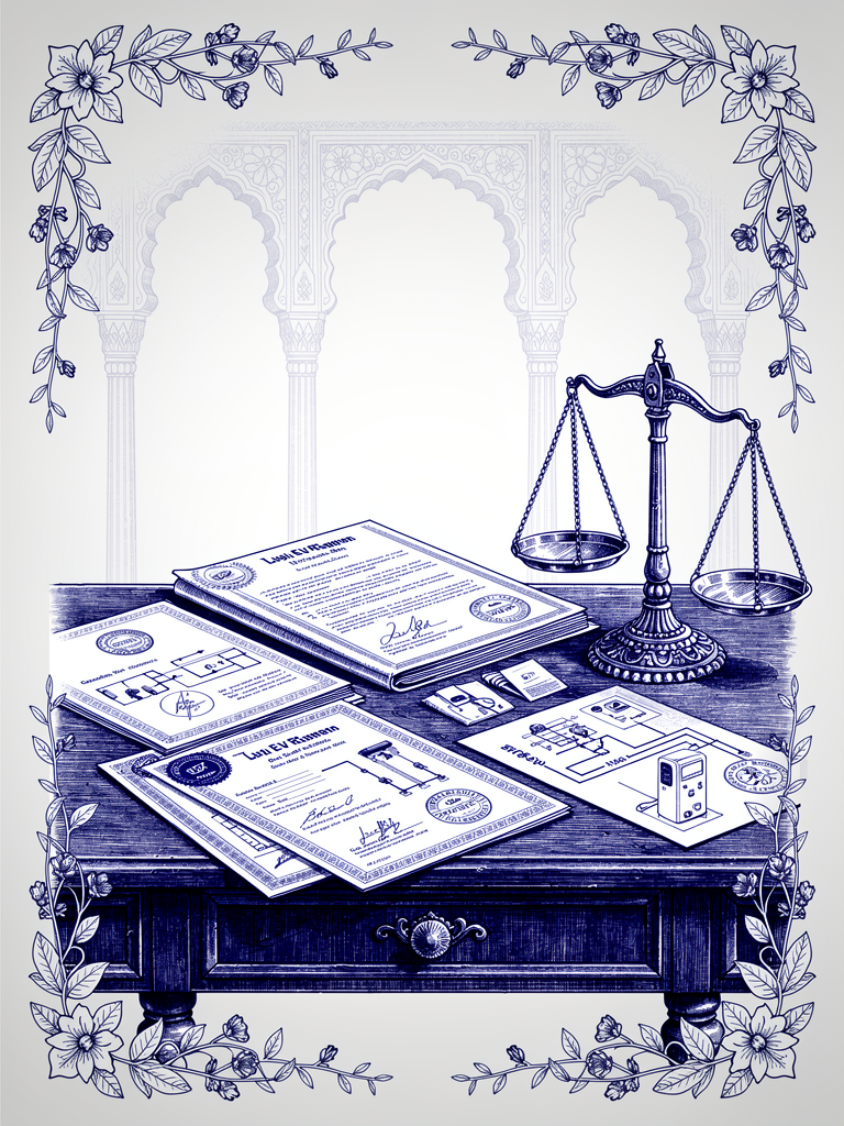 Technical certification illustration showing official documents and EV charging standards on a classical desk, representing UBC operator certification requirements