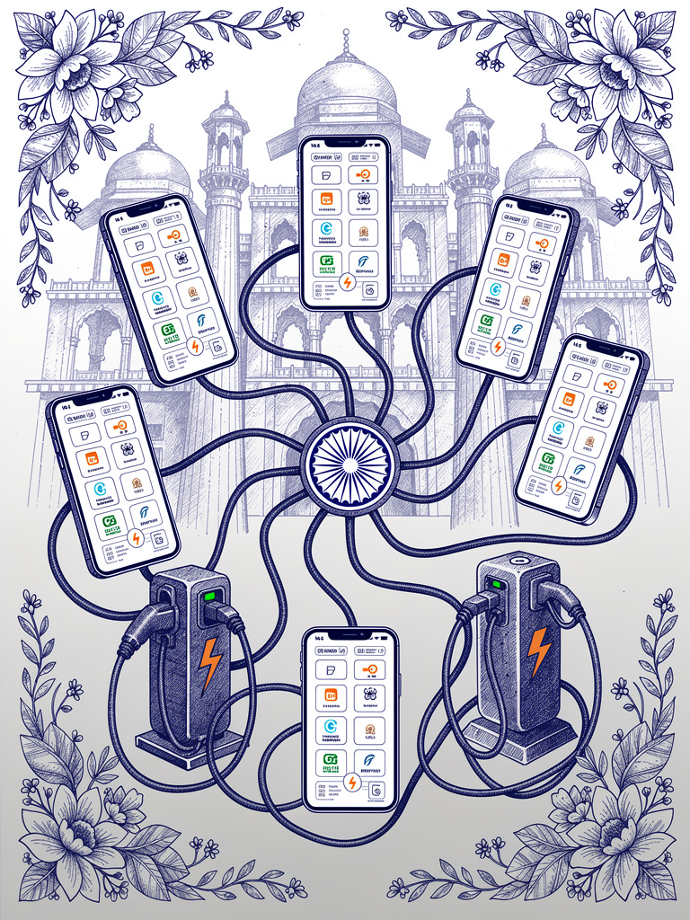 Illustration showing multiple UPI payment app interfaces connected to EV charging stations, representing the integration of major payment platforms with India's unified charging network