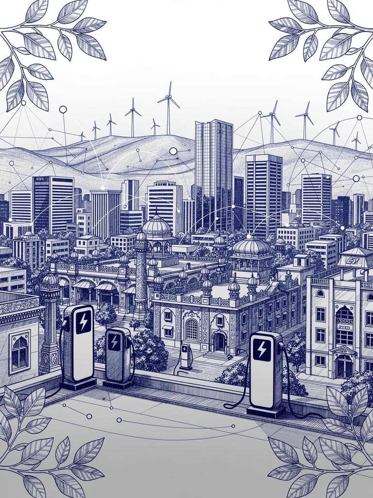 Market analysis illustration showing India's expanding EV charging infrastructure network across urban and traditional architectural landscapes