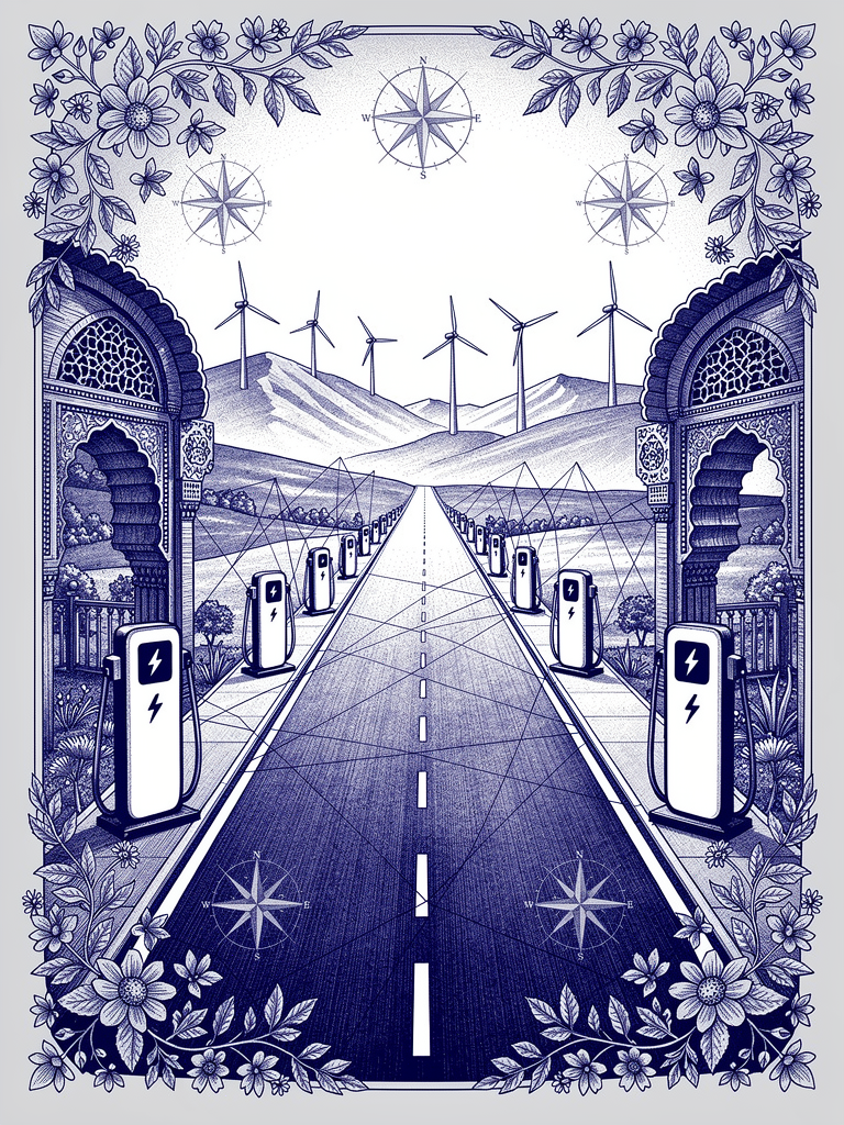 Highway corridor illustration showing India's expanding EV charging network along intercity routes with traditional architectural elements