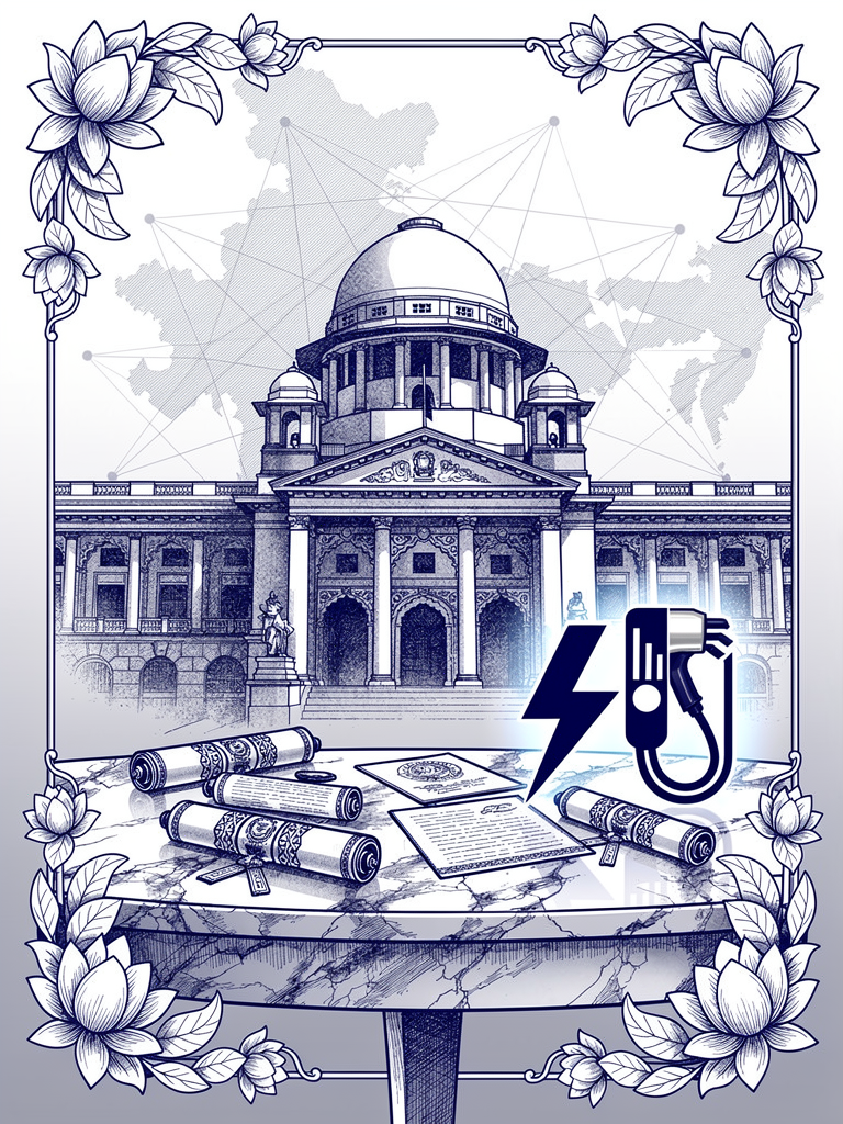 Indian government building with official policy documents and UPI-EV charging integration symbols, representing India's commitment to open charging infrastructure standards