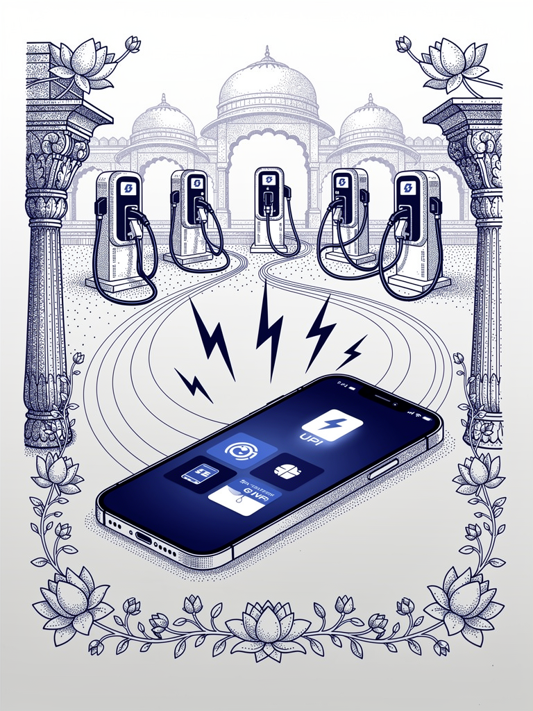 Illustration showing UPI mobile payment integration with EV charging infrastructure across India