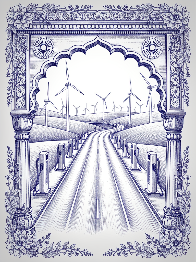 Illustration showing highway corridor with EV charging stations, representing India's Golden Quadrilateral charging infrastructure development