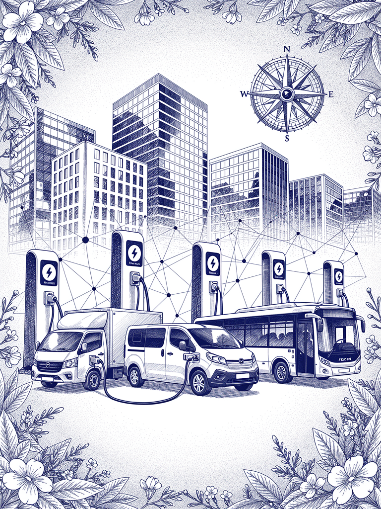 Commercial fleet electrification illustration showing electric delivery vehicles and buses charging at UBC-enabled stations in an urban setting