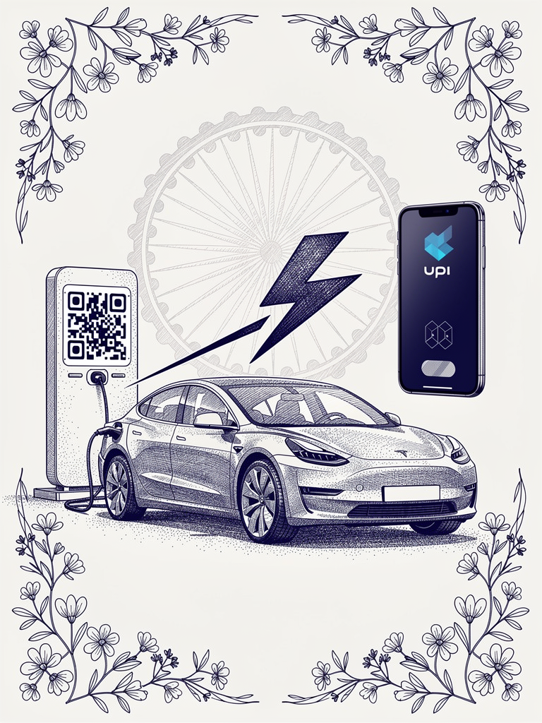 Illustration showing seamless UPI payment integration for EV charging with electric vehicle, charging station, and mobile payment interface