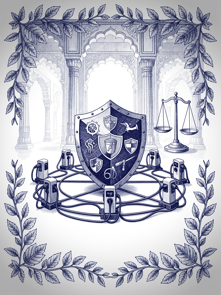 Consumer protection framework illustration showing shield of protection surrounding India's unified EV charging network with symbols of trust and dispute resolution
