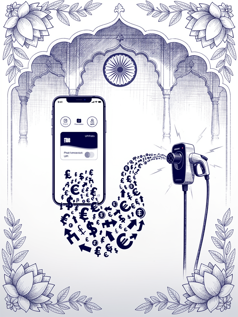 UPI payment integration illustration showing seamless connection between mobile payment interface and EV charging infrastructure in India