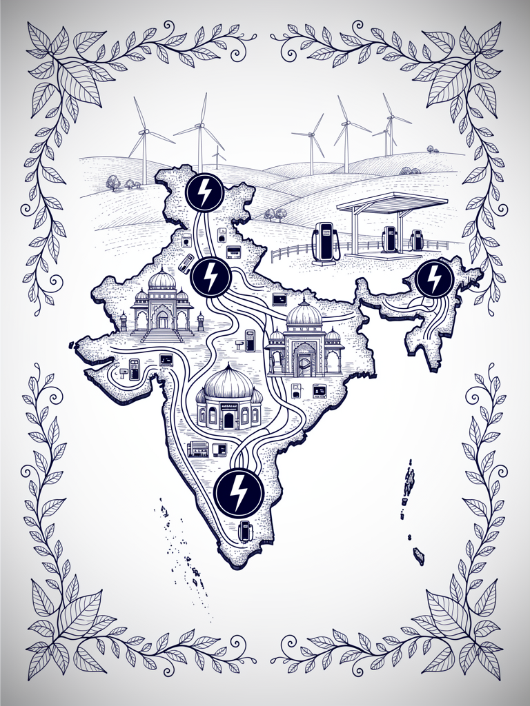 Infrastructure milestone illustration showing India's expanding EV charging network with connected charging stations, renewable energy elements, and traditional architectural motifs representing coordinated national deployment