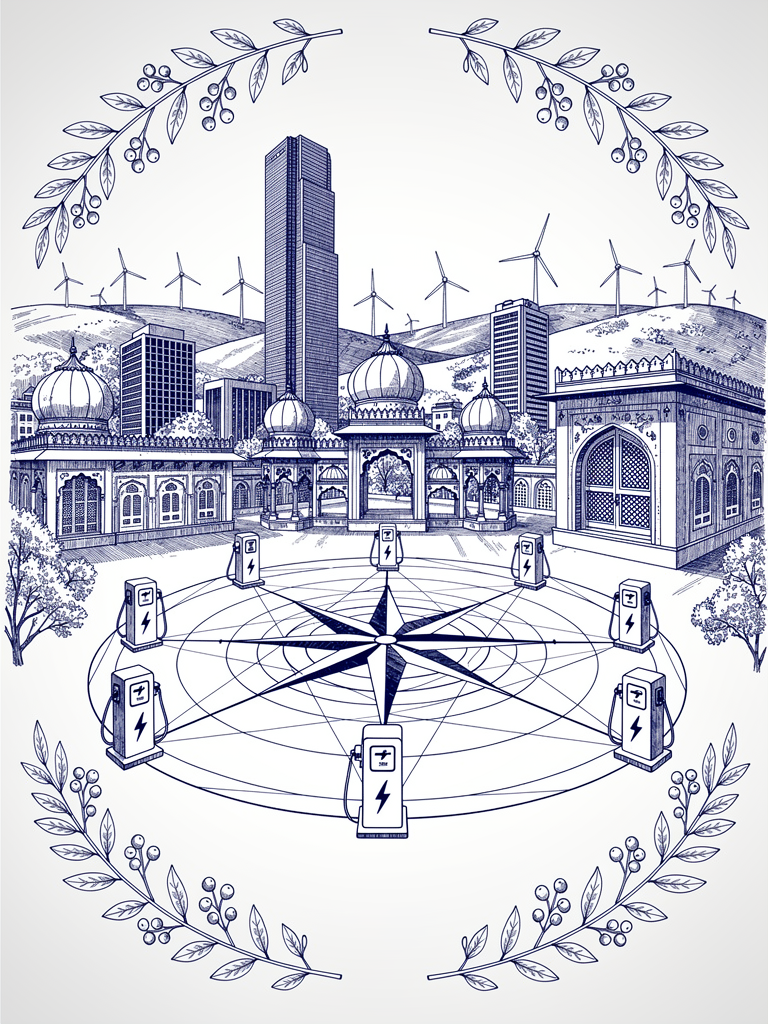 Market analysis illustration showing India's urban landscape with traditional architecture, wind turbines, compass rose with concentric rings, and EV charging network representing the massive growth opportunity in India's unified charging ecosystem