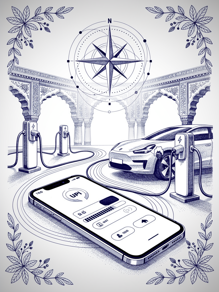 Digital illustration showing seamless UPI payment integration with EV charging infrastructure, featuring modern smartphone interface, charging stations, and network connectivity symbols representing the unified payment experience