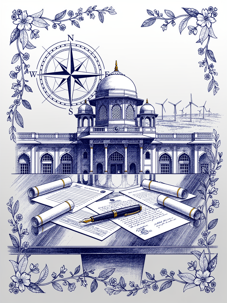 Government infrastructure illustration showing official building with documents representing PM E-DRIVE scheme funding for nationwide EV charging deployment