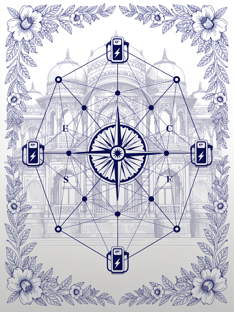 Technical network illustration showing OCPI-UBC integration architecture with charging stations, protocol connectivity nodes, and traditional Indian architectural elements representing India's unified charging infrastructure